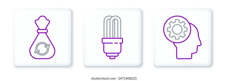 Set line Menschlicher Kopf mit Ausrüstung innen, Müllsack Recycling und LED-Glühbirne Symbol. Vektorgrafik