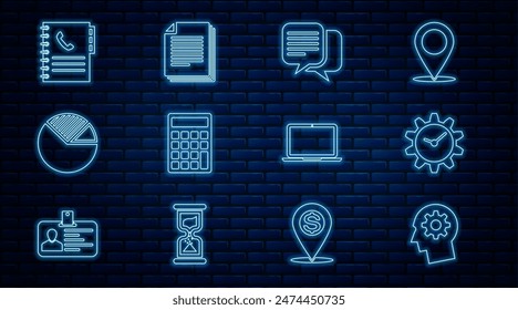 Set line Human head with gear inside, Time Management, Chat, Calculator, Pie chart infographic, Phone book, Laptop and Document icon. Vector