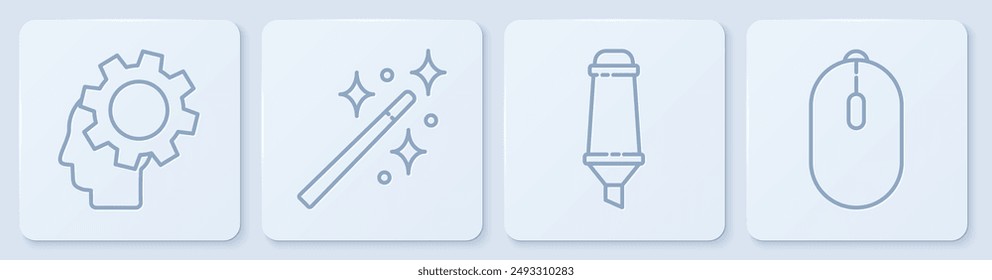 Set line Menschlicher Kopf mit Zahnrad innen, Marker Stift, Zauberstab und Computermaus. Weißes quadratisches Button. Vektorgrafik