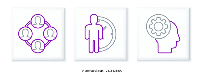 Set line Human head with gear inside, Project team base and Time Management icon. Vector