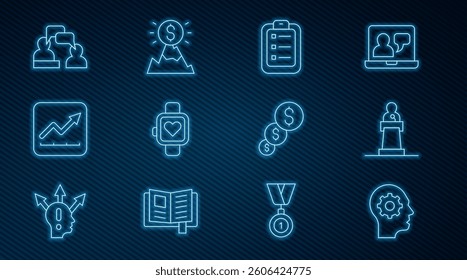 Set line Human head with gear inside, Speaker, To do list or planning, Smart watch, Financial growth increase, Two sitting men talking, and dollar and Mountains flag icon. Vector