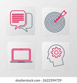 Set line Human head with gear inside, Laptop, Target arrow and Chat icon. Vector