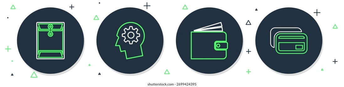 Set line Human head with gear inside, Wallet, Envelope and Credit card icon. Vector