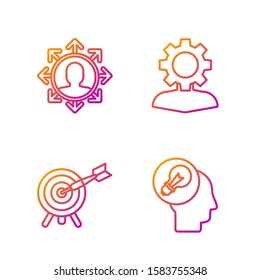 Set line Human head with lamp bulb, Target with arrow, Project team base and Human with gear inside. Gradient color icons. Vector