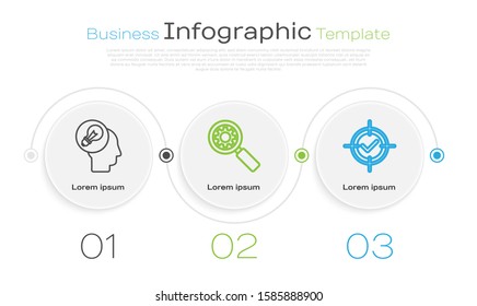 Set line Human head with lamp bulb, Magnifying glass and gear and Target and check mark. Business infographic template. Vector