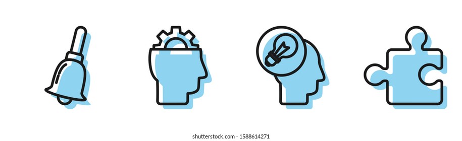 Set line Human head with lamp bulb, Ringing bell, Human with gear inside and Piece of puzzle icon. Vector
