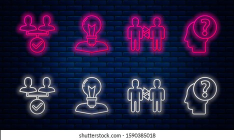 Set line Human head with lamp bulb, Project team base, Project team base and Human head with question mark. Glowing neon icon on brick wall. Vector