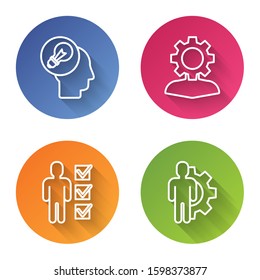 Set line Human head with lamp bulb, Human with gear inside, User of man in business suit and Human with gear inside. Color circle button. Vector