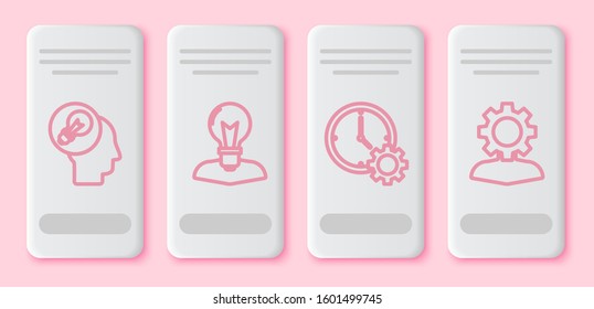 Set line Human head with lamp bulb, Human head with lamp bulb, Time Management and Human with gear inside. White rectangle button. Vector