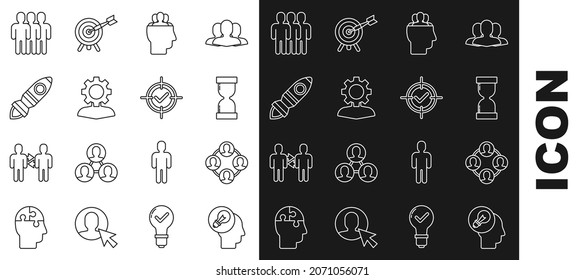 Set line Human head with lamp bulb, Project team base, Old hourglass flowing sand, gear inside, Rocket ship fire, Users group and Target check mark icon. Vector