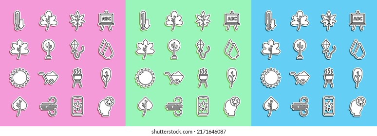 Set line Human head with leaf, Leaf or leaves, Water drop, Tree, Meteorology thermometer and Kite icon. Vector