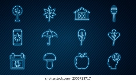 Set line Human head with leaf, Leaf or leaves, Farm house, Umbrella, on mobile phone, Tree,  and  icon. Vector