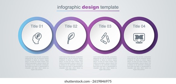 Set line Human head with leaf inside, Leaf or leaves, Virus and DNA symbol. Business infographic template. Vector