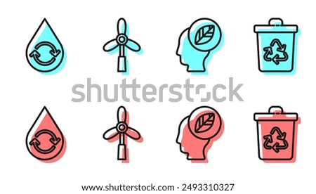 Set line Human head with leaf inside, Recycle clean aqua, Wind turbine and Recycle bin with recycle icon. Vector