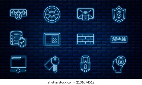 Set Line Human Head With Lock, Spam, Mail Message Password, Safe, Server Shield, Password Protection, Firewall, Security Wall And Icon. Vector