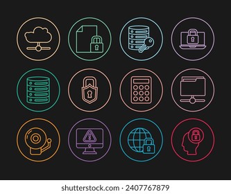 Set line Human head with lock, FTP folder, Server security key, Lock, Server, Data, Web Hosting, Network cloud connection, Password protection and Document and icon. Vector