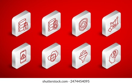 Fijar línea Cabeza humana con candado, seguridad del servidor, equipo de Configuraciones de escudo, infografía de gráfico circular, embudo de ventas, nube y escudo e ícono de signo de exclamación móvil. Vector