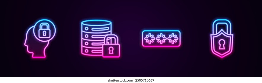 Set line Human head with lock, Server security, Password protection and Lock. Glowing neon icon. Vector