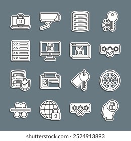 Establecer línea Cabeza humana con bloqueo, seguro, protección de Contraseñas, servidor, datos, alojamiento de Web, bloqueo de monitor de computadora, computadora portátil y proteger su sitio HTTPS, ícono SSL. Vector