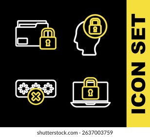 Set line Human head with lock, Laptop and, Password protection and Folder icon. Vector