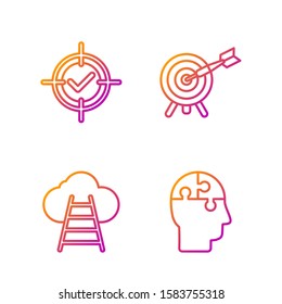 Set line Human head puzzles strategy, Ladder leading to cloud, Target and check mark and Target with arrow. Gradient color icons. Vector