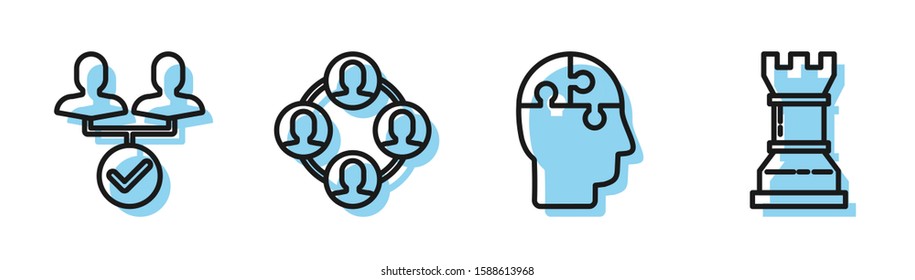 Set line Human head puzzles strategy, Project team base, Project team base and Business strategy icon. Vector