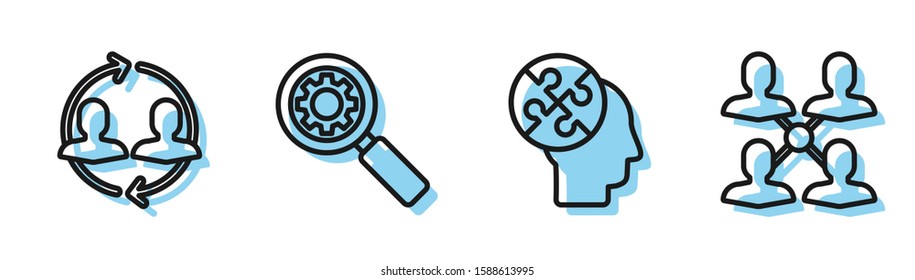 Set line Human head puzzles strategy, Human resources, Magnifying glass and gear and Project team base icon. Vector