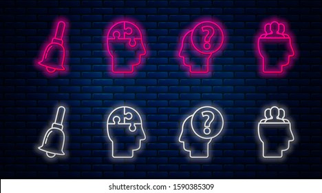 Set line Human head puzzles strategy, Human head with question mark, Ringing bell and Project team base. Glowing neon icon on brick wall. Vector