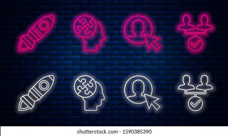 Set line Human head puzzles strategy, User of man in business suit, Rocket ship with fire and Project team base. Glowing neon icon on brick wall. Vector