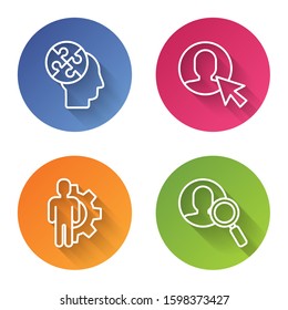 Set line Human head puzzles strategy, User of man in business suit, Human with gear inside and Magnifying glass for search a people. Color circle button. Vector