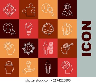 Set line Human head puzzles strategy, Head hunting concept, Globe and people, Magnifying glass for search, Light bulb check mark, User of business suit, Project team base and resources icon. Vector