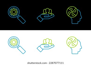 Set line Human head puzzles strategy, Magnifying glass and gear and Project team base icon. Vector