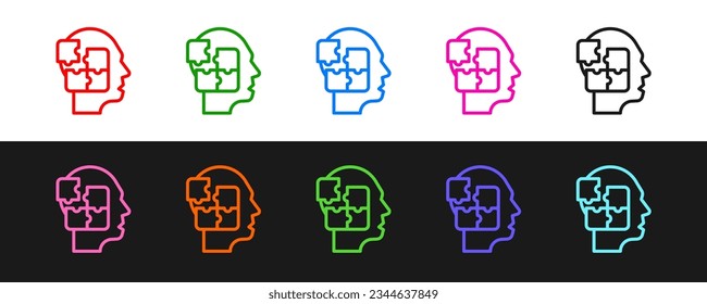 Set line Human head puzzles strategy icon isolated on black and white background. Thinking brain sign. Symbol work of brain.  Vector