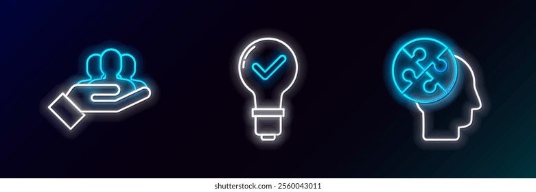 Set line Human head puzzles strategy, Project team base and Light bulb and check mark icon. Glowing neon. Vector