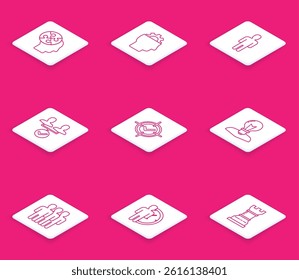 Set line Human head puzzles strategy, with gear inside, User of business suit, Project team base, Target and check mark, lamp bulb, Users group and Time Management icon. Vector