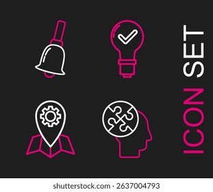 Set line Human head puzzles strategy, Location job, Light bulb and check mark and Ringing bell icon. Vector