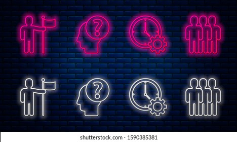 Set line Human head with question mark, Time Management, Man holding flag and Users group. Glowing neon icon on brick wall. Vector
