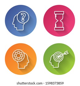Set line Human head with question mark, Old hourglass with flowing sand, Human head with gear inside and Head hunting concept. Color circle button. Vector