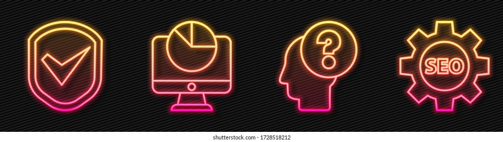 Fijar la línea Cabeza humana con signo de interrogación, Blindaje con marca de verificación, Monitor informático con gráfico gráfico y etiqueta Seo con rueda de engranajes. Icono de neón brillante. Vector