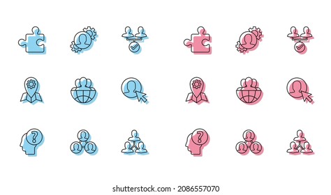 Set line Human head with question mark, Project team base, Piece of puzzle, Globe and people, User in business suit, Location job and gear inside icon. Vector