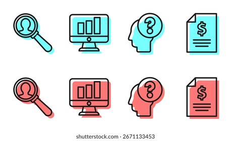 Cabeza humana con signo de interrogación, lupa para buscar un pueblo, monitor con gráfico e icono de dinero de contrato. Vector