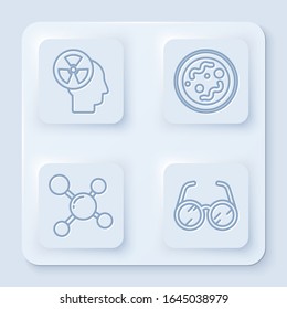 Set line Human head and a radiation, Bacteria, Molecule and Laboratory glasses. White square button. Vector
