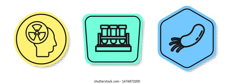 Set line Human head and a radiation, Test tube and flask chemical and Bacteria. Colored shapes. Vector
