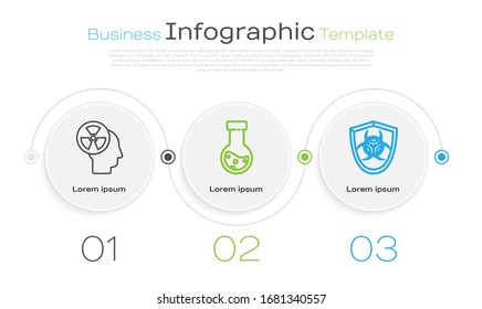 Set line Human head and a radiation, Test tube and flask chemical and Biohazard symbol on shield. Business infographic template. Vector