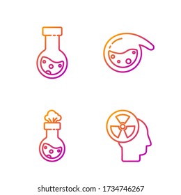 Set line Menschenkopf und Bestrahlung, Prüfrohr und Kolben-Chemikalie, Reagenzglas und Kolben-Chemikalie und Prüfrohr und Kolben-Chemikalie. Farbsymbole leuchten. Vector