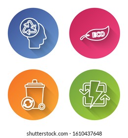 Set line Human head with recycle, Leaf Eco symbol, Recycle bin with recycle symbol and Recharging. Color circle button. Vector