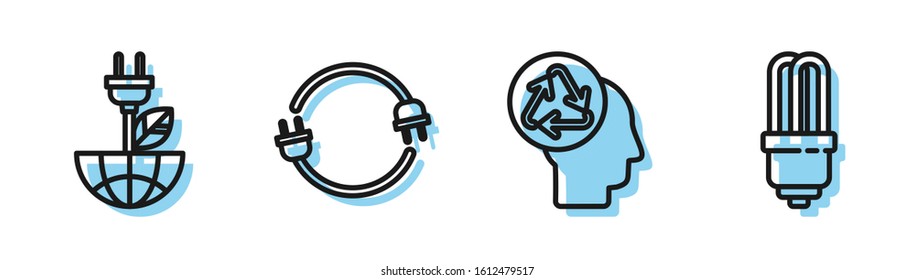 Set line Human head with recycle, Electric saving plug in leaf, Electric plug and LED light bulb icon. Vector