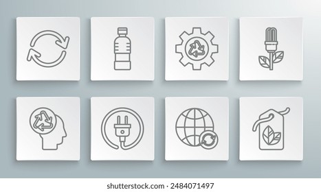 Set line Human head with recycle, Bottle of water, Electric plug, Planet earth and recycling, Tag leaf symbol, Recycle gear, Light bulb and Refresh icon. Vector