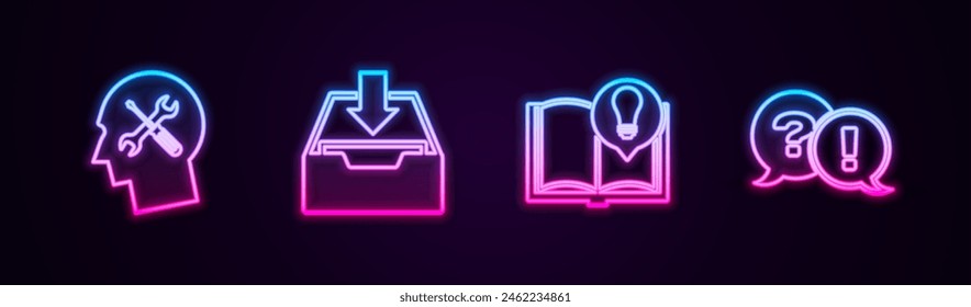 Set line Human head service, Download inbox, Interesting facts and Question and Exclamation. Glowing neon icon. Vector