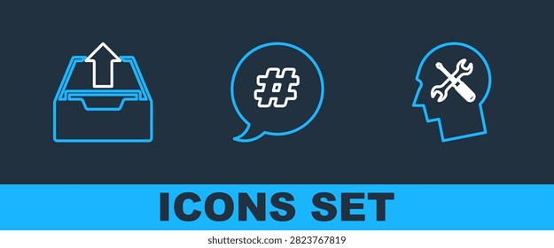 Set line Human head service, Upload inbox and Hashtag speech bubble icon. Vector